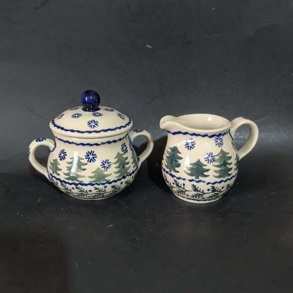 Boleslavies Handmade Polish Creamer & Sugar Bowl Set Winter Snowflake Pine Tree - Picture 5 of 9